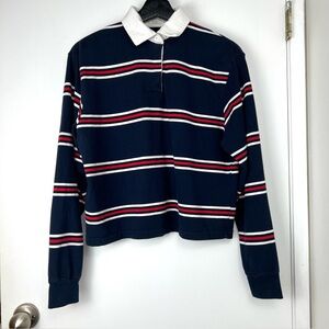 John Galt (Brandy Melville) Cropped Rugby Shirt O/S Navy Stripe Preppy Trendy